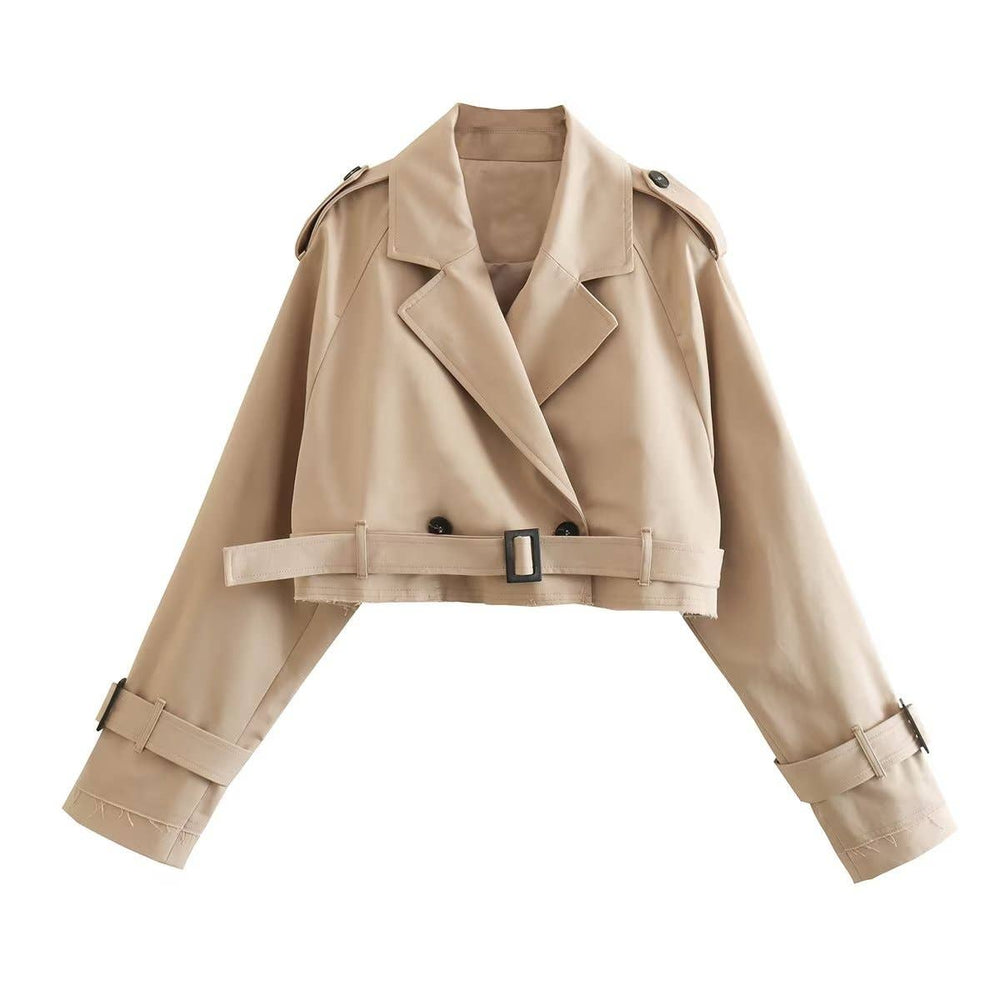 Long Sleeve Belted Cropped Trench: Khaki / L